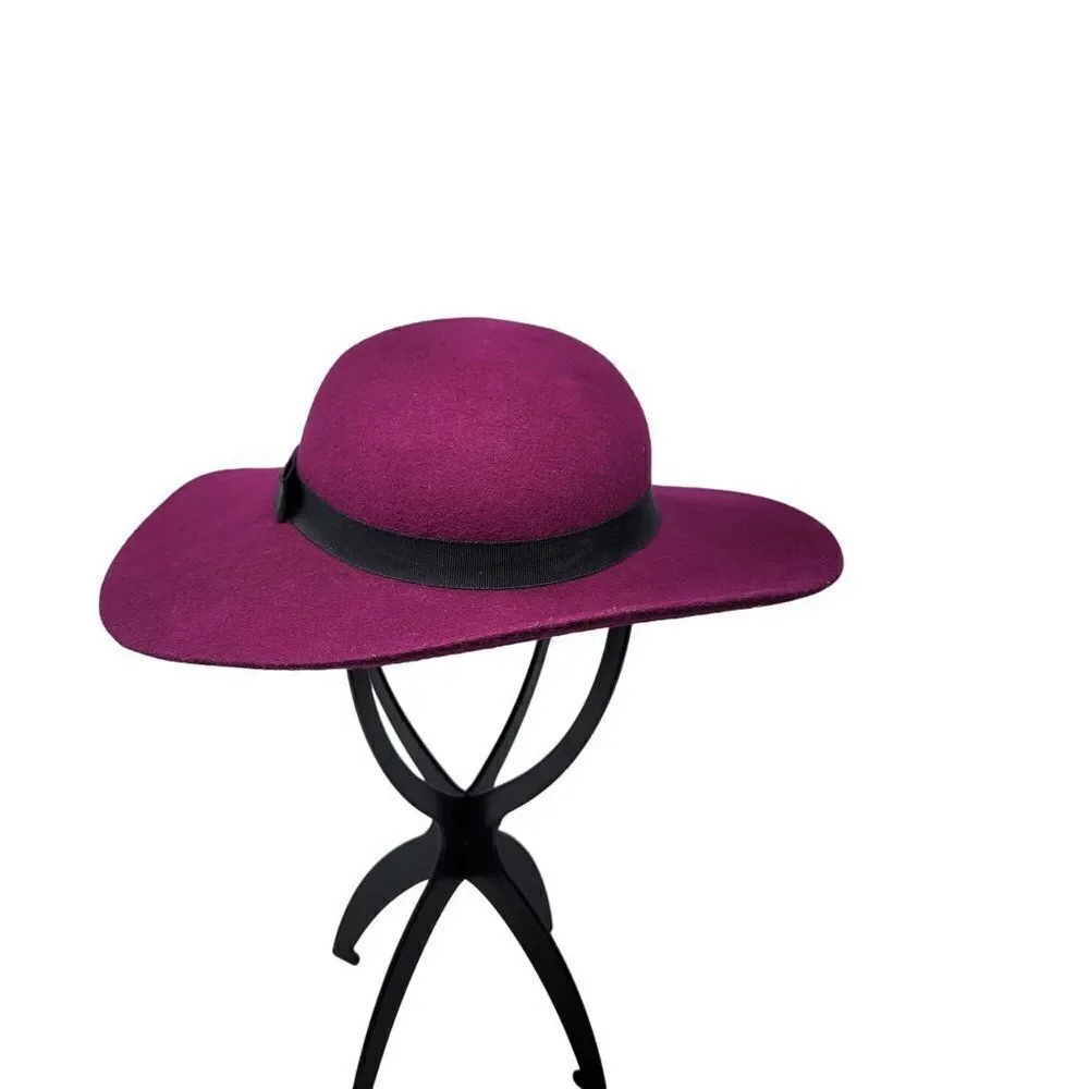 Vintage 60s Wool Felt Fuchsia Pink‎ Wide Brim Derby Hat Black Ribbon Bow USA - Picture 4 of 8